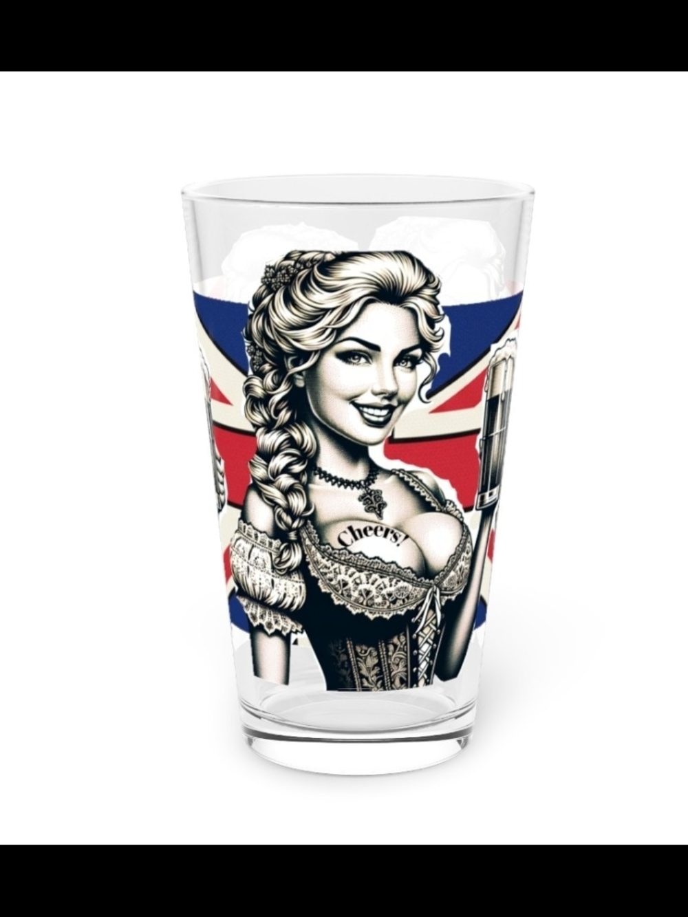 Cheeky Retro Pin-Up Union Jack 16 Oz Pint Glass - Blue/Red/White